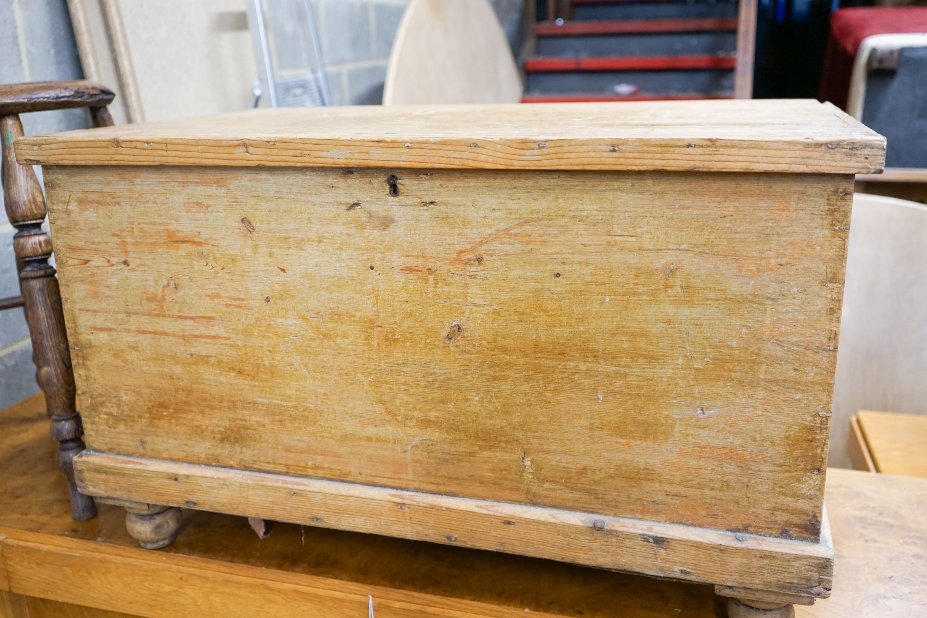 A Victorian rectangular pine trunk, length 83cm, depth 49cm, height 51cm, together with a provincial elm stool